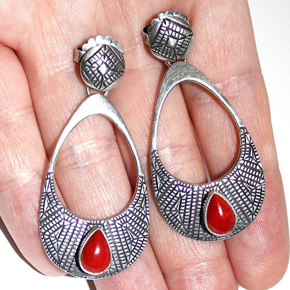 Vintage Elgin Tom Sterling Silver Red Stone Earrings 12 Grams - Picture 5 of 5